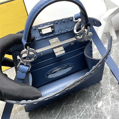 Fen.di Peekaboo ISeeU Petite Cuoio Romano Leather Blue Selleria bag with 306 hand-sewn topstitches