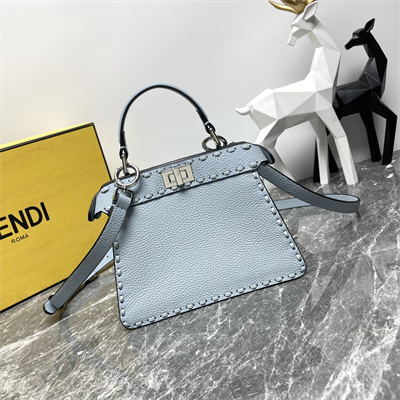 Fen.di Peekaboo ISeeU Petite Cuoio Romano Leather Light Blue Selleria bag with 306 hand-sewn topstitches