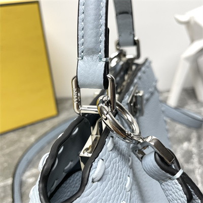 Fen.di Peekaboo ISeeU Petite Cuoio Romano Leather Light Blue Selleria bag with 306 hand-sewn topstitches
