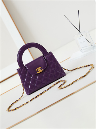 Cha.nel Mini Shopping Bag Kelly Bag Shiny Aged Calfskin Gold-Tone Metal Purple AS4416
