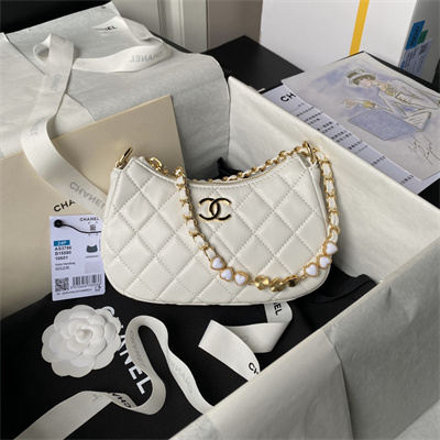 Chanel Hobo Bag Lambskin Gold Tone Metal White AS3786
