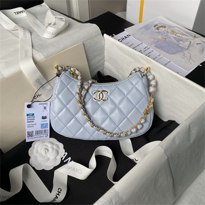 Chanel Hobo Bag Lambskin Gold Tone Metal Blue AS3786