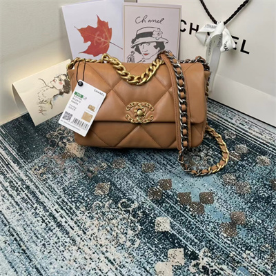 Cha.nel 19 Handbag Lambskin Gold Double C Metal Caramel AS1160