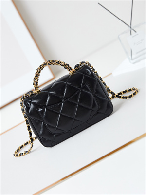 Cha.nel Mini Flap Bag with Top Handle Shiny Lambskin & Gold-Tone Metal Black AS5032