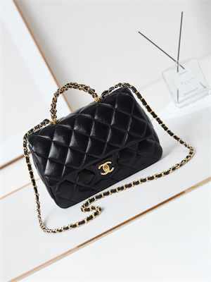 Cha.nel Mini Flap Bag with Top Handle Shiny Lambskin & Gold-Tone Metal Black AS5043
