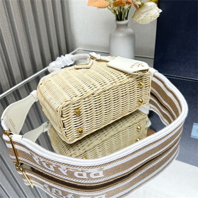 Prada Mini wicker and linen blend tote bag Tan/White 1BG469
