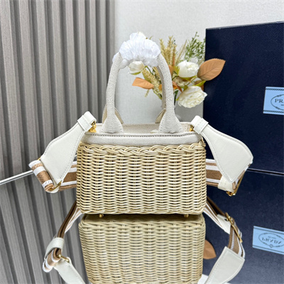 Prada Mini wicker and linen blend tote bag Tan/White 1BG469