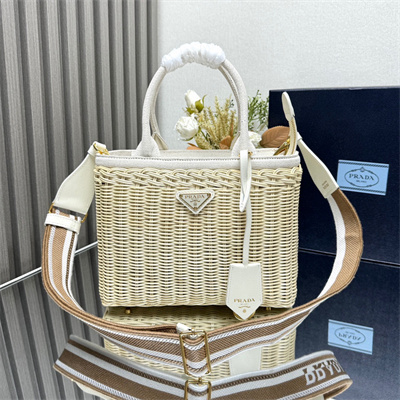 Prada Medium wicker and linen blend tote bag Tan/White 1BG835