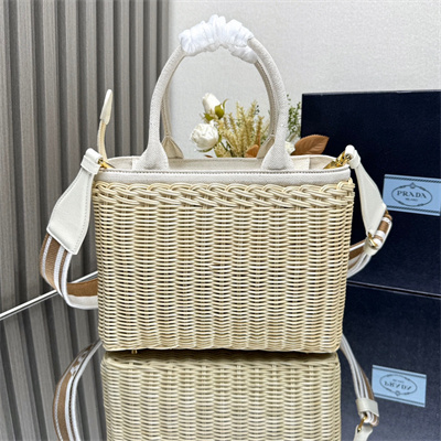 Prada Medium wicker and linen blend tote bag Tan/White 1BG835