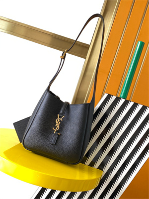 Y.S.L LE 5 A 7 Mini HOBO BAG In Black Grained Calfskin Leather