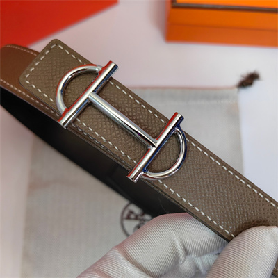 Hermes Gamma belt buckle & Herm??s sur Mer reversible Epsom leather strap Silver Hardware strap 25MM Etoupe/Black