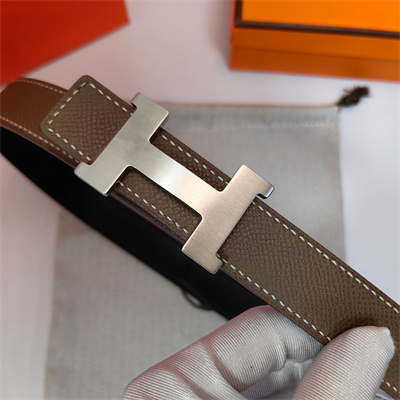 Hermes Mini Constance belt buckle & Reversible leather strap 25 mm Silver Hardware Etoupe/Black