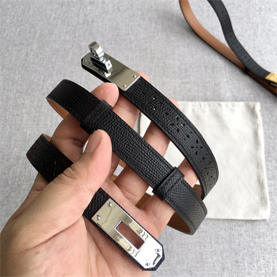 Hermes Kelly Garden Party Belt 18MM Cowhide Leather Silver Tone Hardware Black/Brown