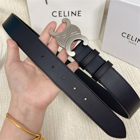Celine Men’s Triomphe Belt 35MM Calfskin Silver Tone Buckle Black