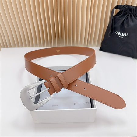 Celine Belt 35MM Calfskin Silver Tone Buckle Brown