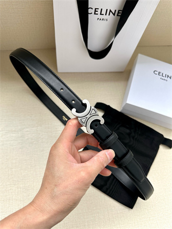 Celine TEEN TRIOMPHE Belt 25MM Calfskin Aged Silver Tone Buckle Black