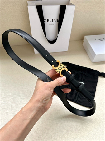 Celine TEEN TRIOMPHE Belt 25MM Calfskin Aged Gold Tone Buckle Black