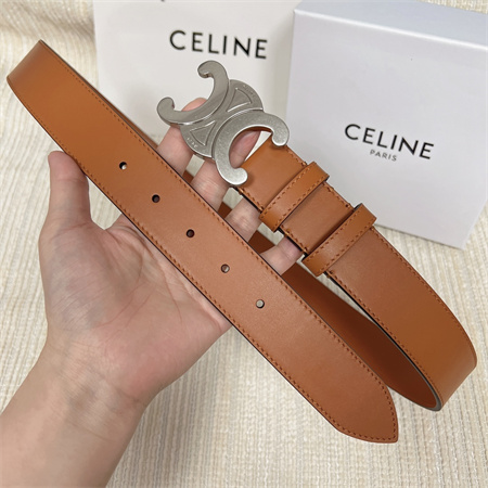 Celine TRIOMPHE Belt 25MM In Calfskin Silver Tone Buckle Brown