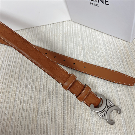 Celine TRIOMPHE Belt 25MM In Embossed Calfskin Aged Silver Tone Buckle Brown