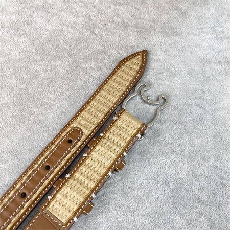 Celine TRIOMPHE Belt 25MM In Calfskin and Raffia Silver Tone Buckle Brown