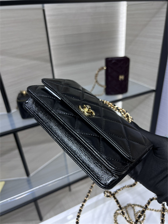 Cha.nel Wallet On Chain Shiny Lambskin & Gold-Tone Metal Black AP4166