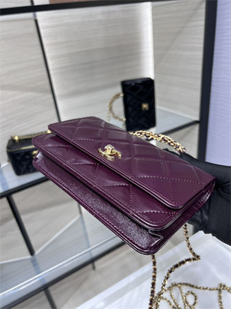 Cha.nel Wallet On Chain Shiny Lambskin & Gold-Tone Metal Burgundy AP4166