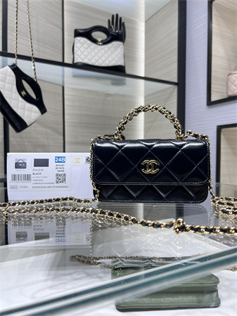 Cha.nel Flap Phone Holder with Chain Shiny Lambskin & Gold-Tone Metal Black AP4167