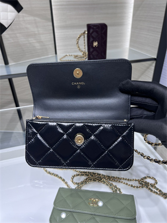 Cha.nel Flap Phone Holder with Chain Shiny Lambskin & Gold-Tone Metal Black AP4167