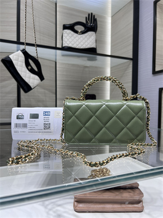 Cha.nel Flap Phone Holder with Chain Shiny Lambskin & Gold-Tone Metal Green AP4167