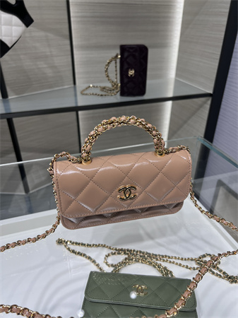 Cha.nel Flap Phone Holder with Chain Shiny Lambskin & Gold-Tone Metal Nude Pink AP4167