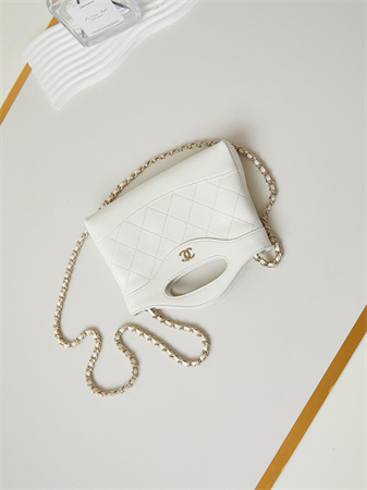 Cha.nel 31 Nano Chain Bag Calfskin Gold Tone Metal White AS3656