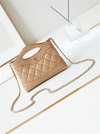 Cha.nel 31 Nano Chain Bag Lambskin Gold Tone Metal Brown AS3656