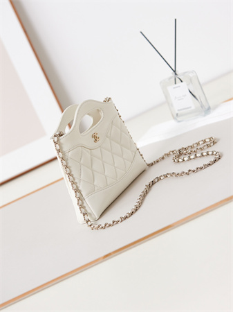 Cha.nel 31 Nano Chain Bag Lambskin Gold Tone Metal White AS3656