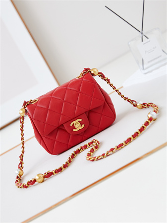 Cha.nel Supermini Flap Bag Lambskin Gold Tone Metal Red AS4946