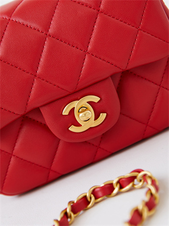 Cha.nel Supermini Flap Bag Lambskin Gold Tone Metal Red AS4946