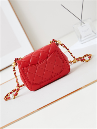 Cha.nel Supermini Flap Bag Lambskin Gold Tone Metal Red AS4946