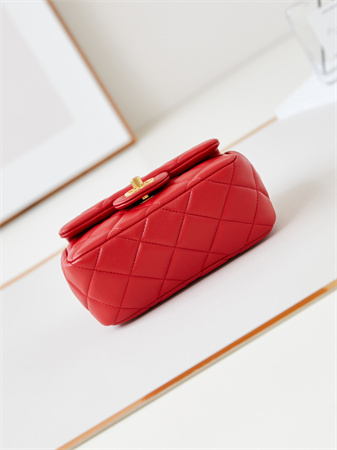 Cha.nel Supermini Flap Bag Lambskin Gold Tone Metal Red AS4946