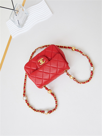 Cha.nel Supermini Flap Bag Lambskin Gold Tone Metal Red AS4946