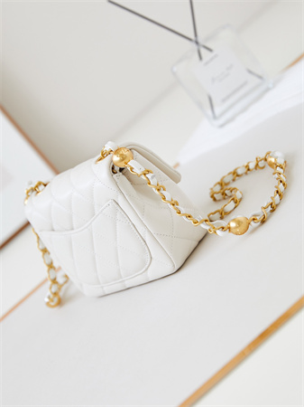 Cha.nel Supermini Flap Bag Lambskin Gold Tone Metal White AS4946