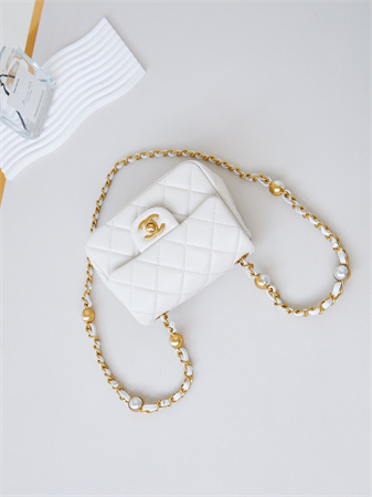 Cha.nel Supermini Flap Bag Lambskin Gold Tone Metal White AS4946