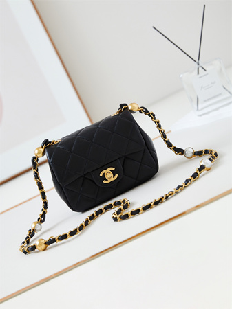 Cha.nel Supermini Flap Bag Lambskin Gold Tone Metal Black AS4946