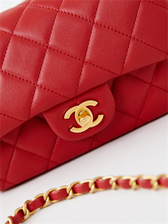 Cha.nel Mini Flap Bag Lambskin Gold Tone Metal Red AS4947