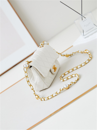 Cha.nel Mini Flap Bag Lambskin Gold Tone Metal White AS4947