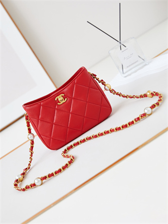 Cha.nel Small Shoulder Bag Lambskin Gold Tone Metal Red AS4948