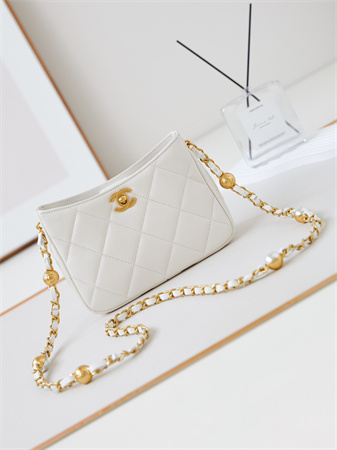 Cha.nel Small Shoulder Bag Lambskin Gold Tone Metal White AS4948