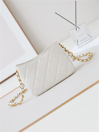 Cha.nel Small Shoulder Bag Lambskin Gold Tone Metal White AS4948