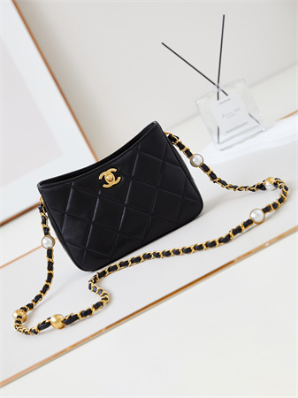 Cha.nel Small Shoulder Bag Lambskin Gold Tone Metal Black AS4948