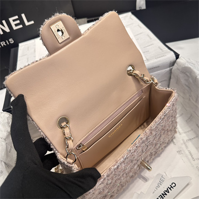 Cha.nel Mini Classic Flap Bag Tweed With Sequin Gold Tone Metal Pink