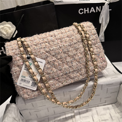 Cha.nel Medium Classic Flap Bag Tweed With Sequin Gold Tone Metal Pink