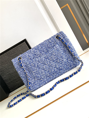 Cha.nel Medium Classic Flap Bag Tweed Gold Tone Metal Blue